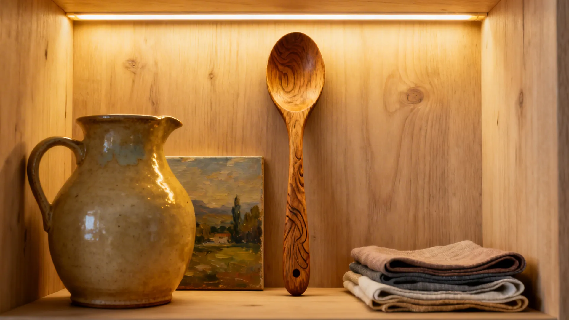 Wooden shelf with ceramic jug small painting large wooden spoon and stack of folded colored napkins