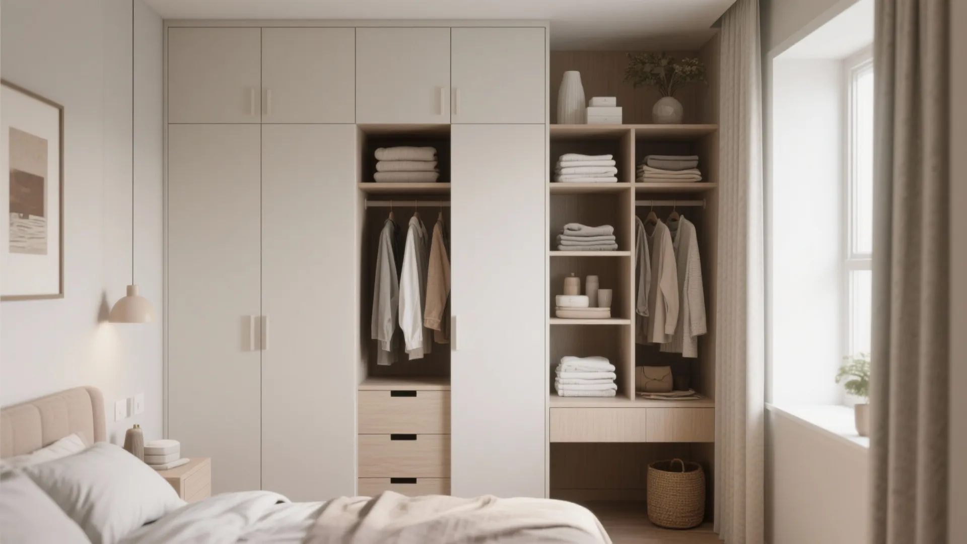Built-in white wardrobe with open shelves showing hanging clothes folded towels and light wood drawers