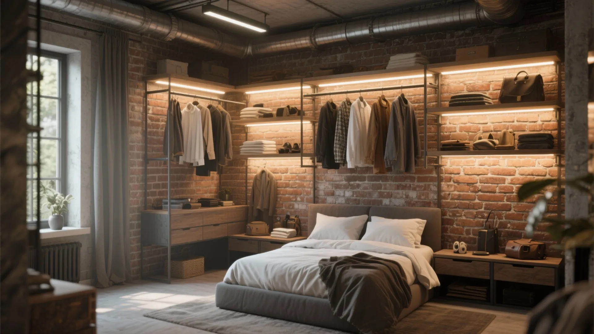 Industrial bedroom with brick walls, open shelf wardrobe with lights, grey bed, and large window