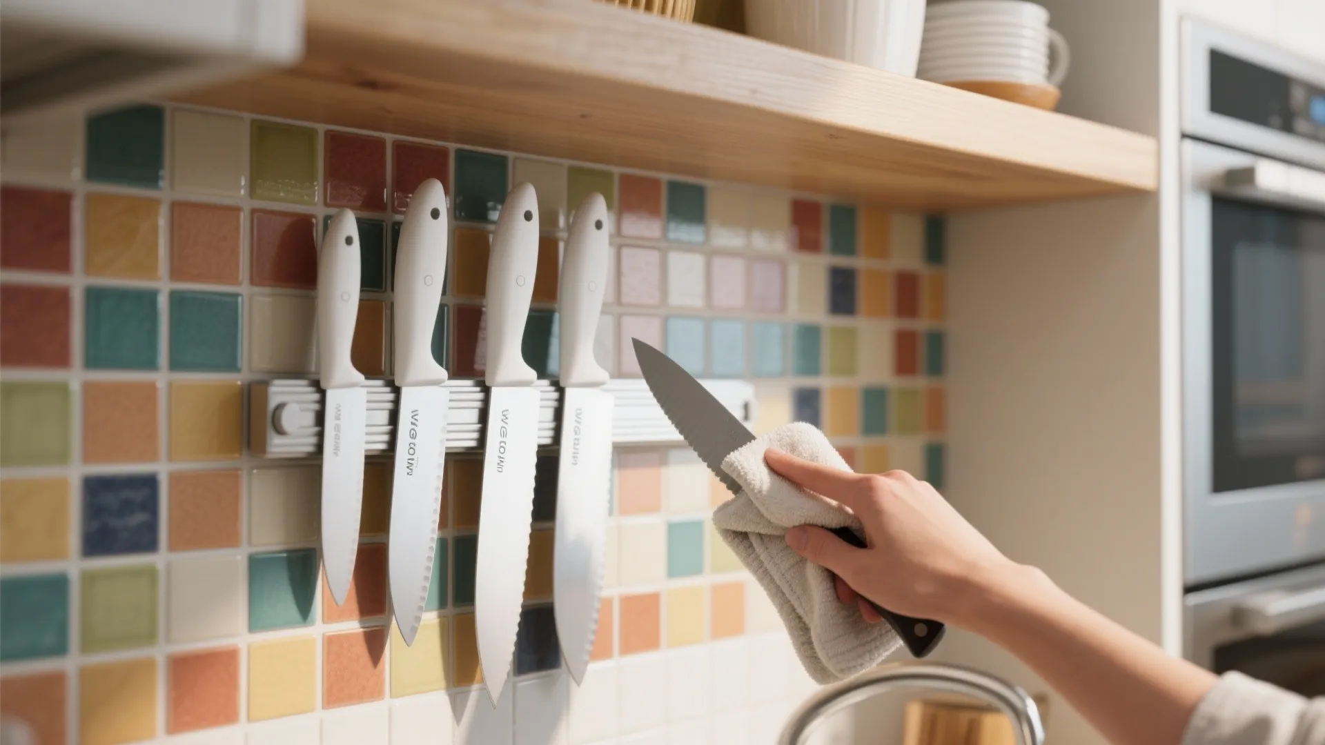 Open kitchen shelf with a white knife set on a magnetic strip against colorful tile, with a microfiber cloth nearby.