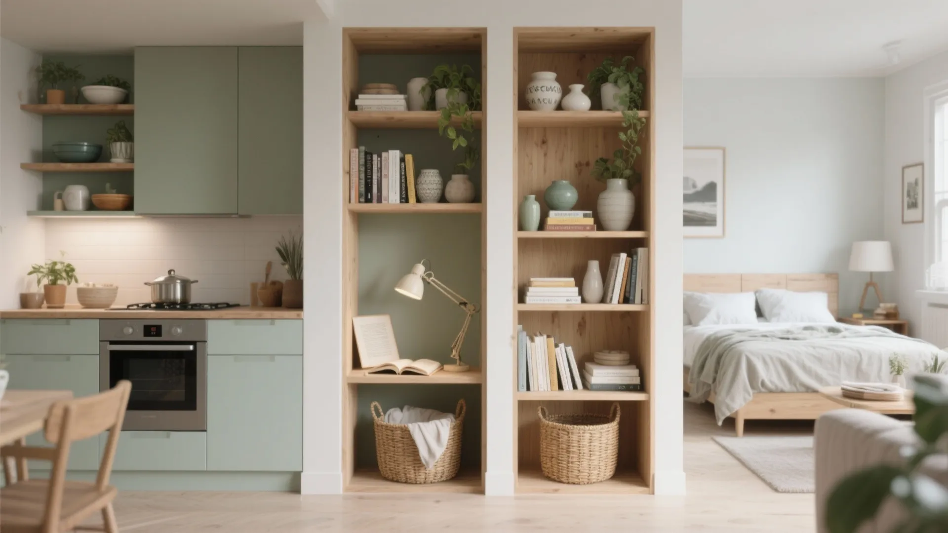 Modern home interior featuring green kitchen cabinets and wooden bookshelves separating the living area bedroom