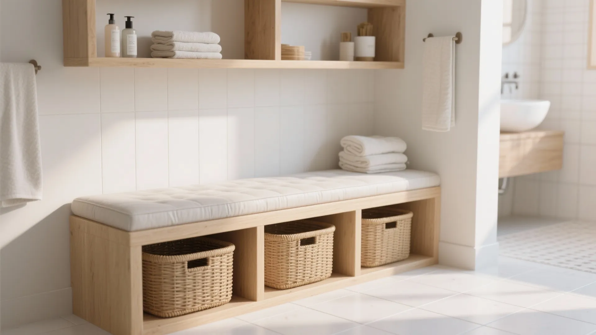 1. Open-shelf bench with woven baskets