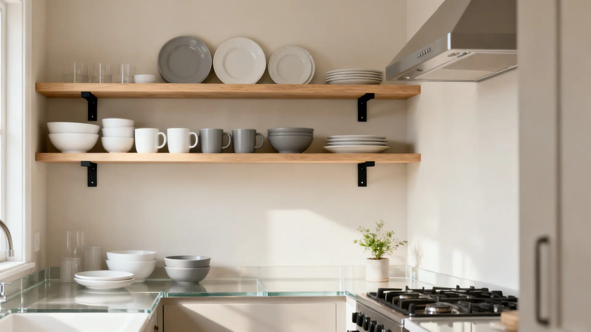 Budget small kitchen open shelves zoned for daily dishes and serving pieces in coordinated colors.