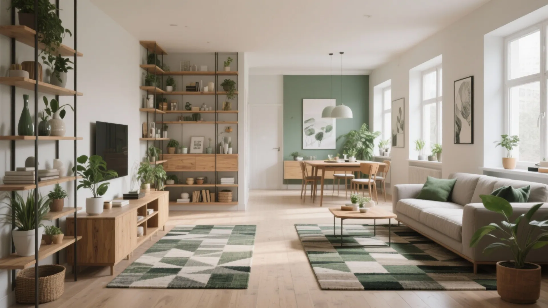 2. Zoning with Open Shelving and Rugs