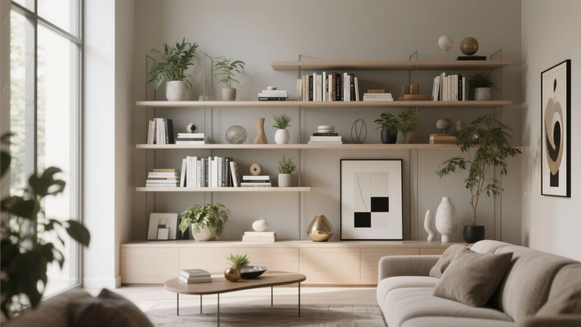 Styled open shelves with books and decorative items