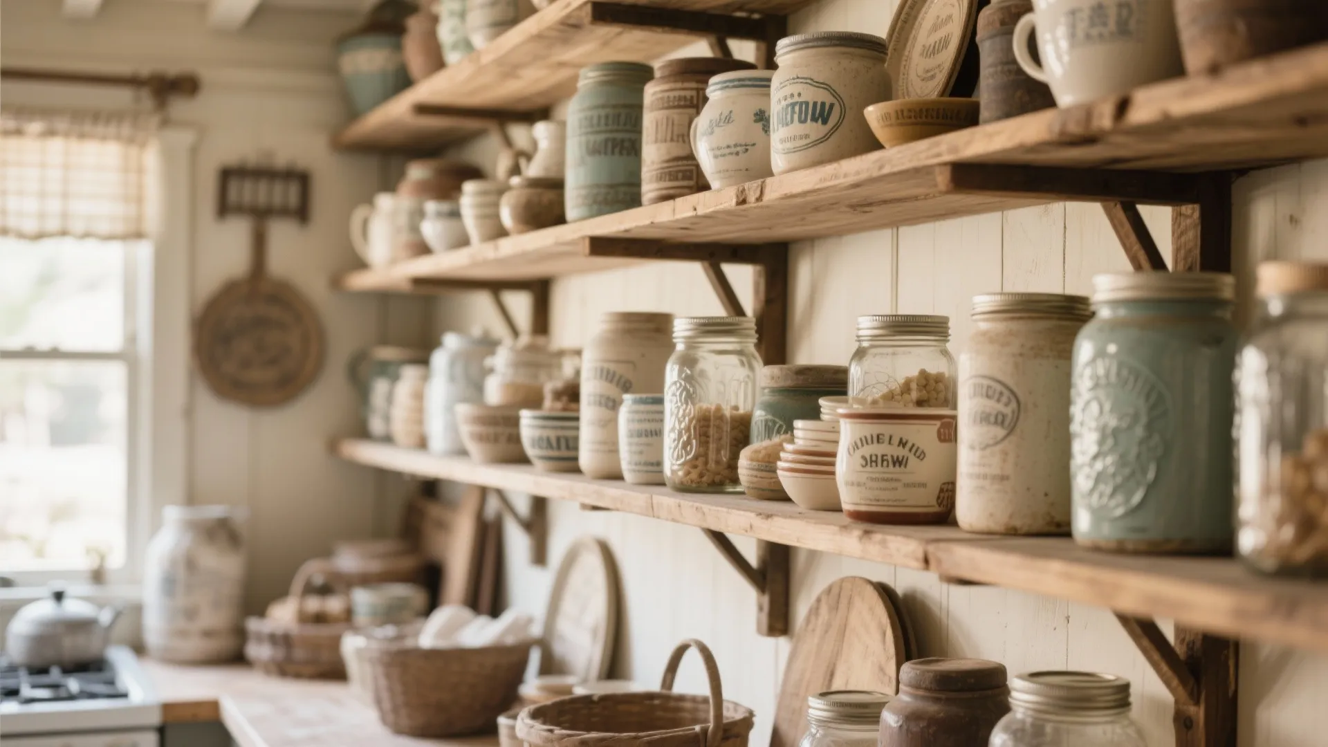 Close up of wooden open kitchen shelves holding various glass jars white ceramic bowls and plates