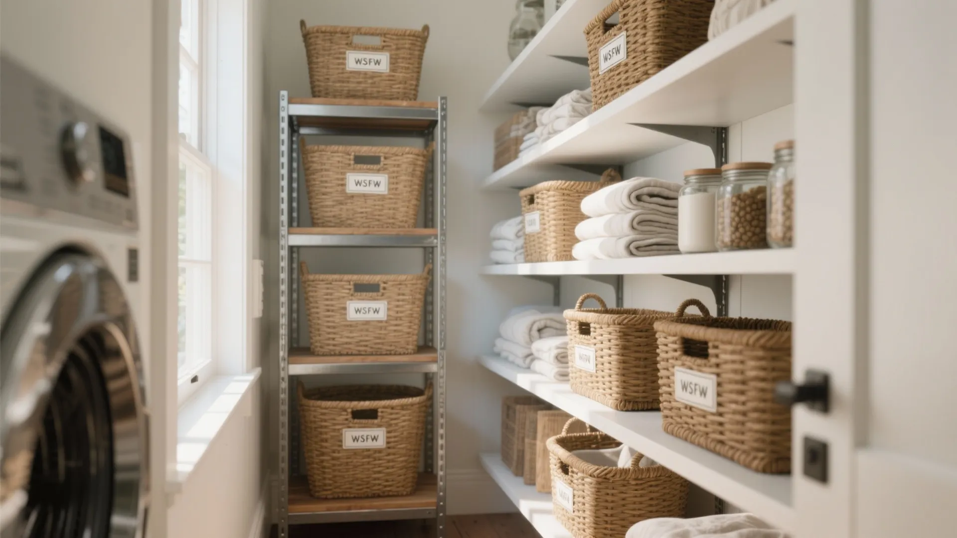 Laundry room storage with white open shelves holding woven baskets next to a washing machine