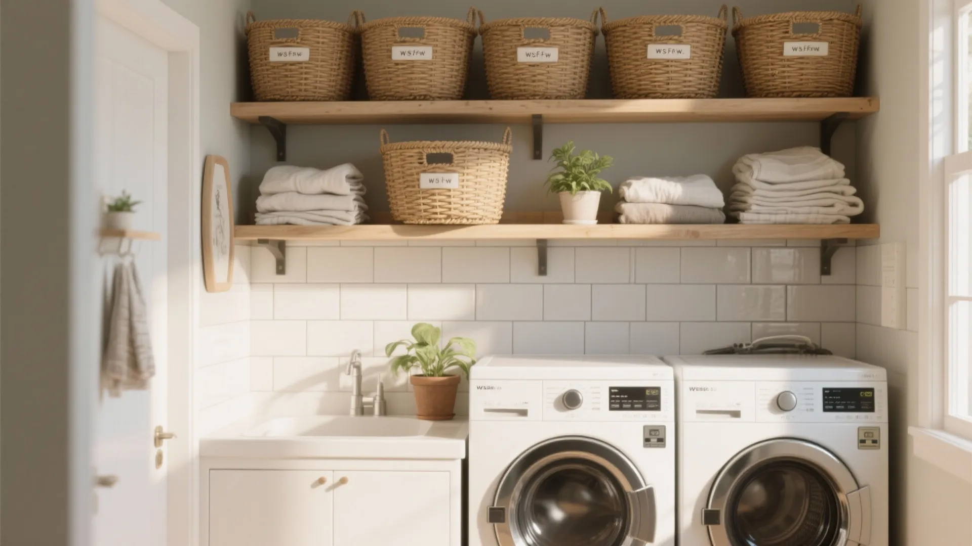 Laundry room interior design with wooden shelves and woven baskets plus white washing machine and sink