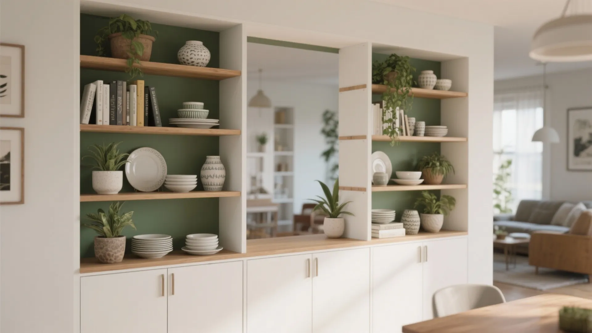 Open shelving and low partitions