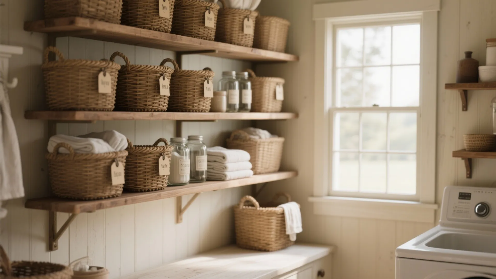 Wooden open shelves with many woven baskets for storage next to a white washing machine