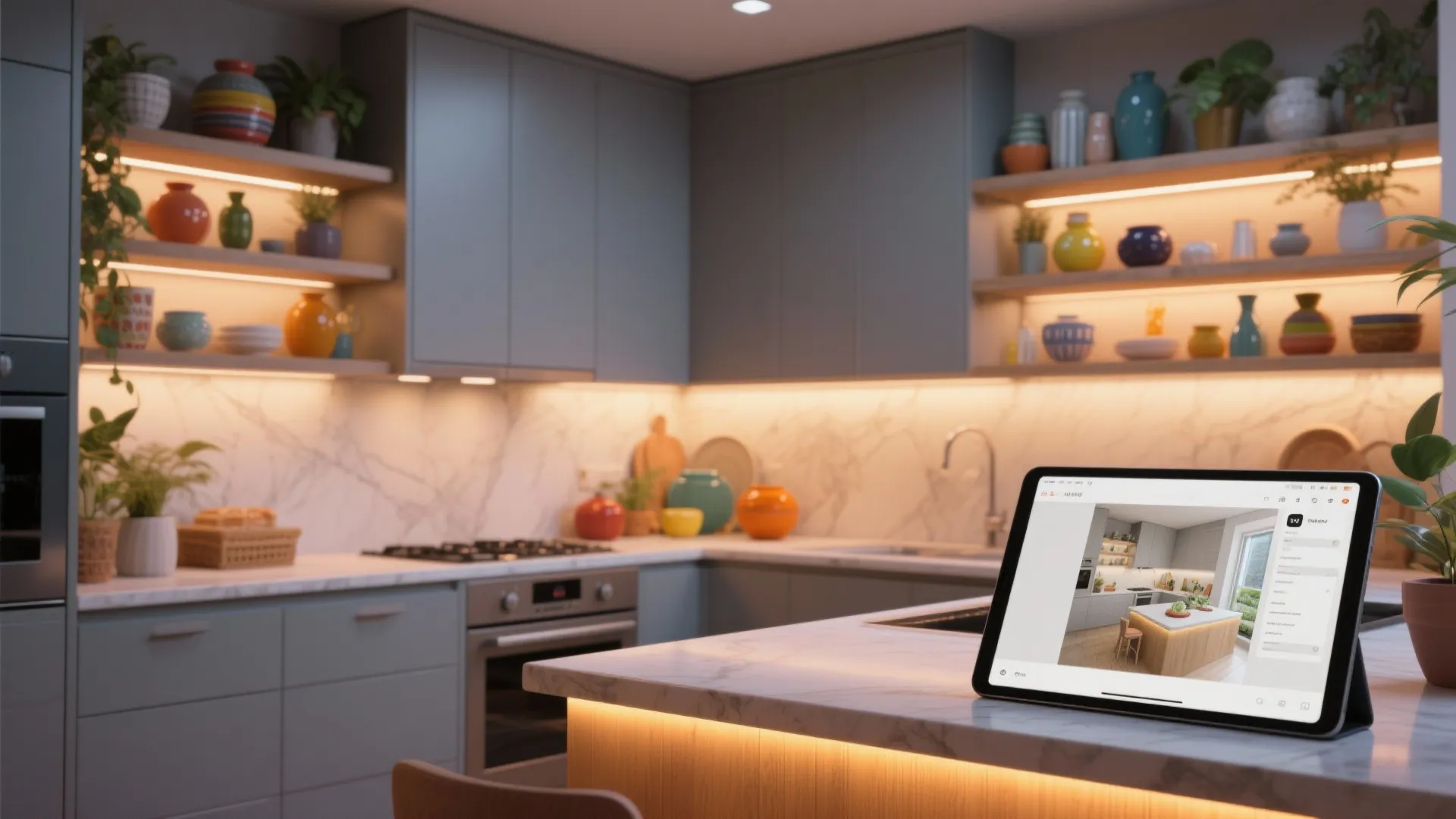 Modern kitchen with open shelves holding colorful pots and a tablet showing interior design software