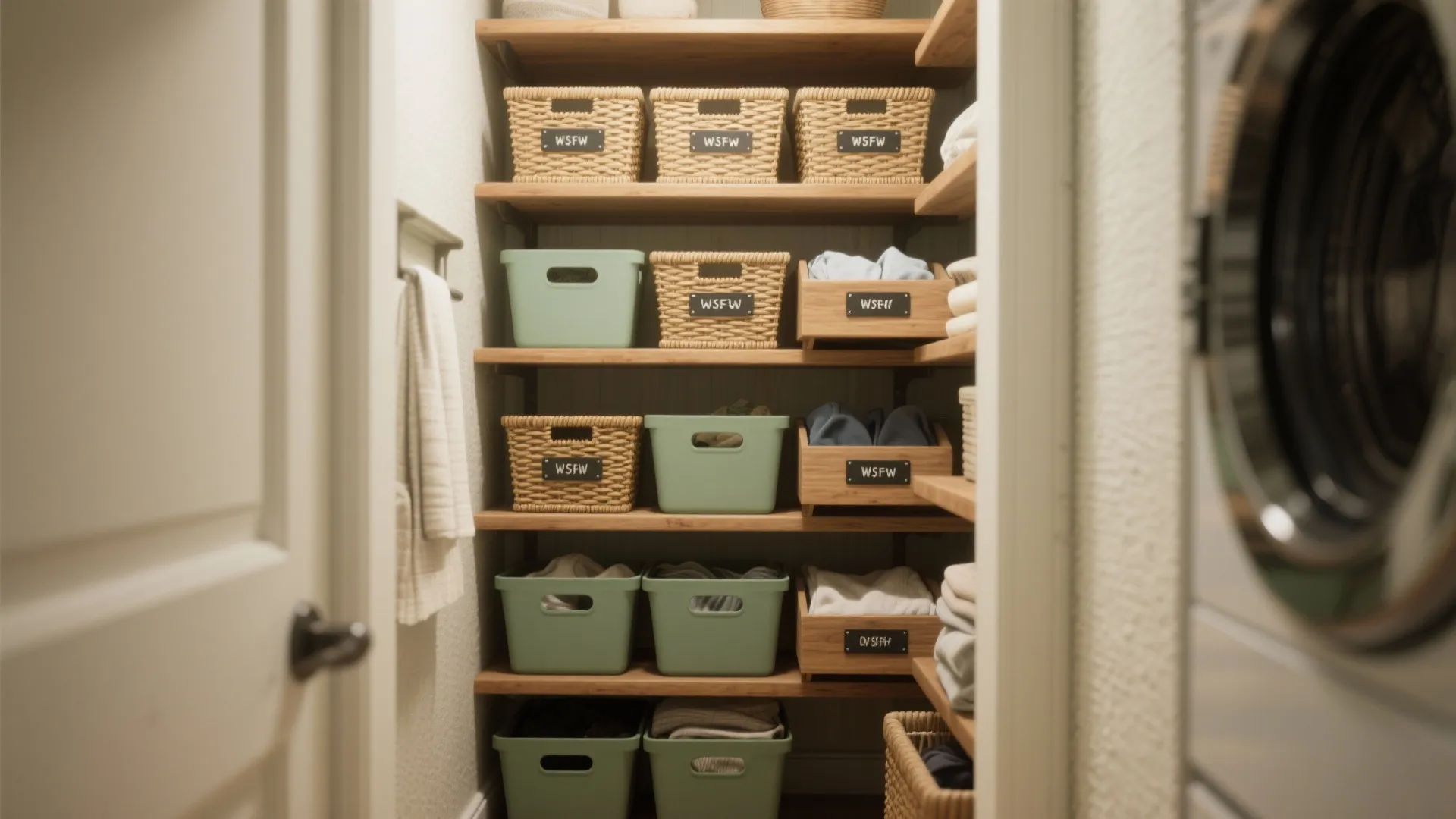 Open shelving with labeled baskets