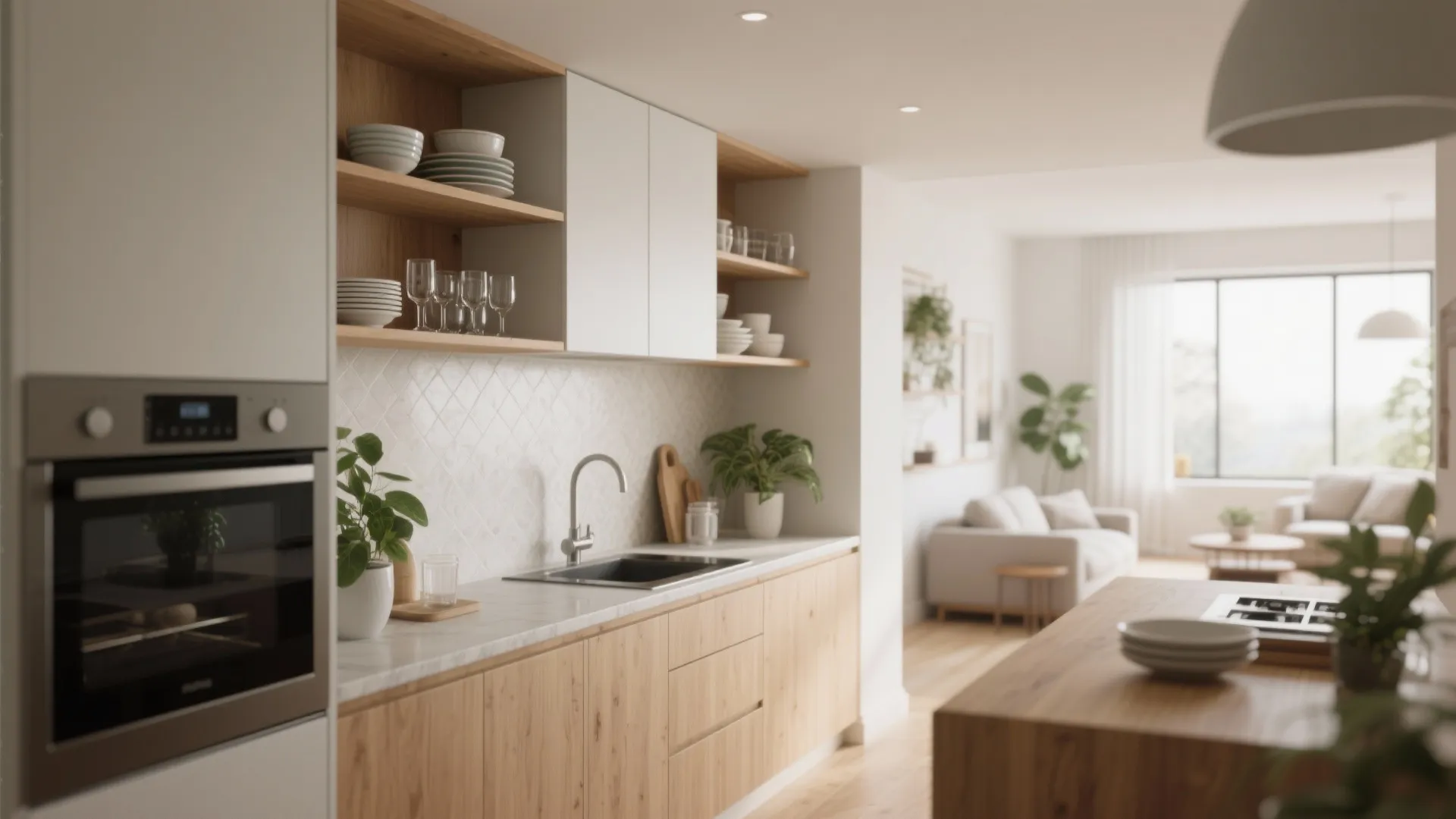 Modern kitchen with wood cabinets white countertops open shelves oven sink and living room view