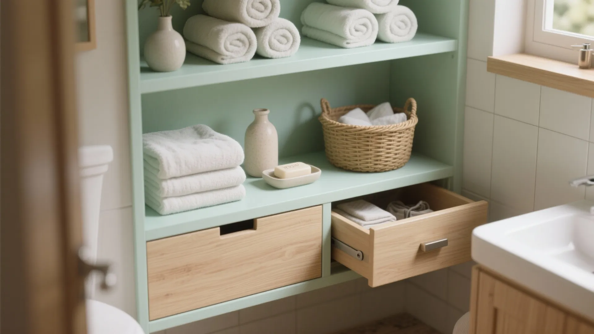 5. Compact Storage with Open Shelves