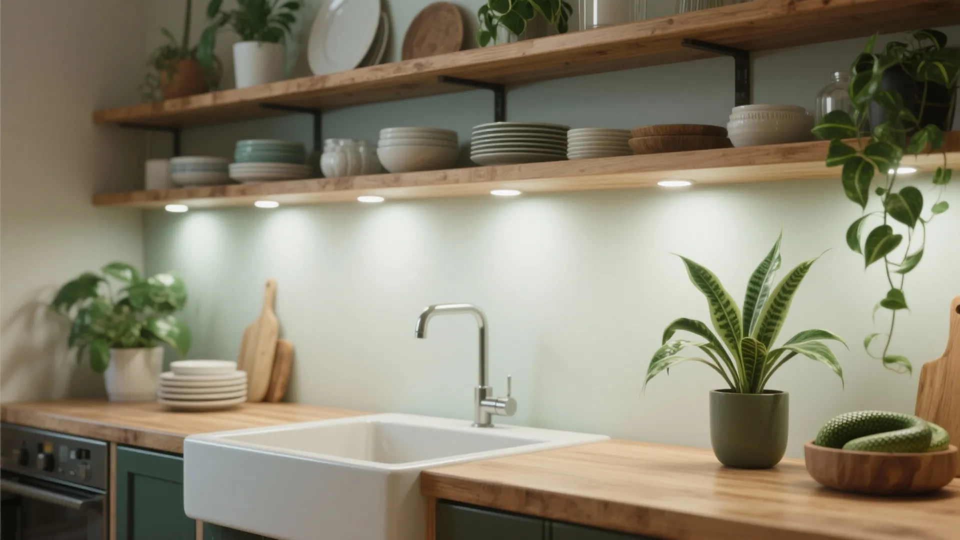 4. Open shelving with uplighting and greenery