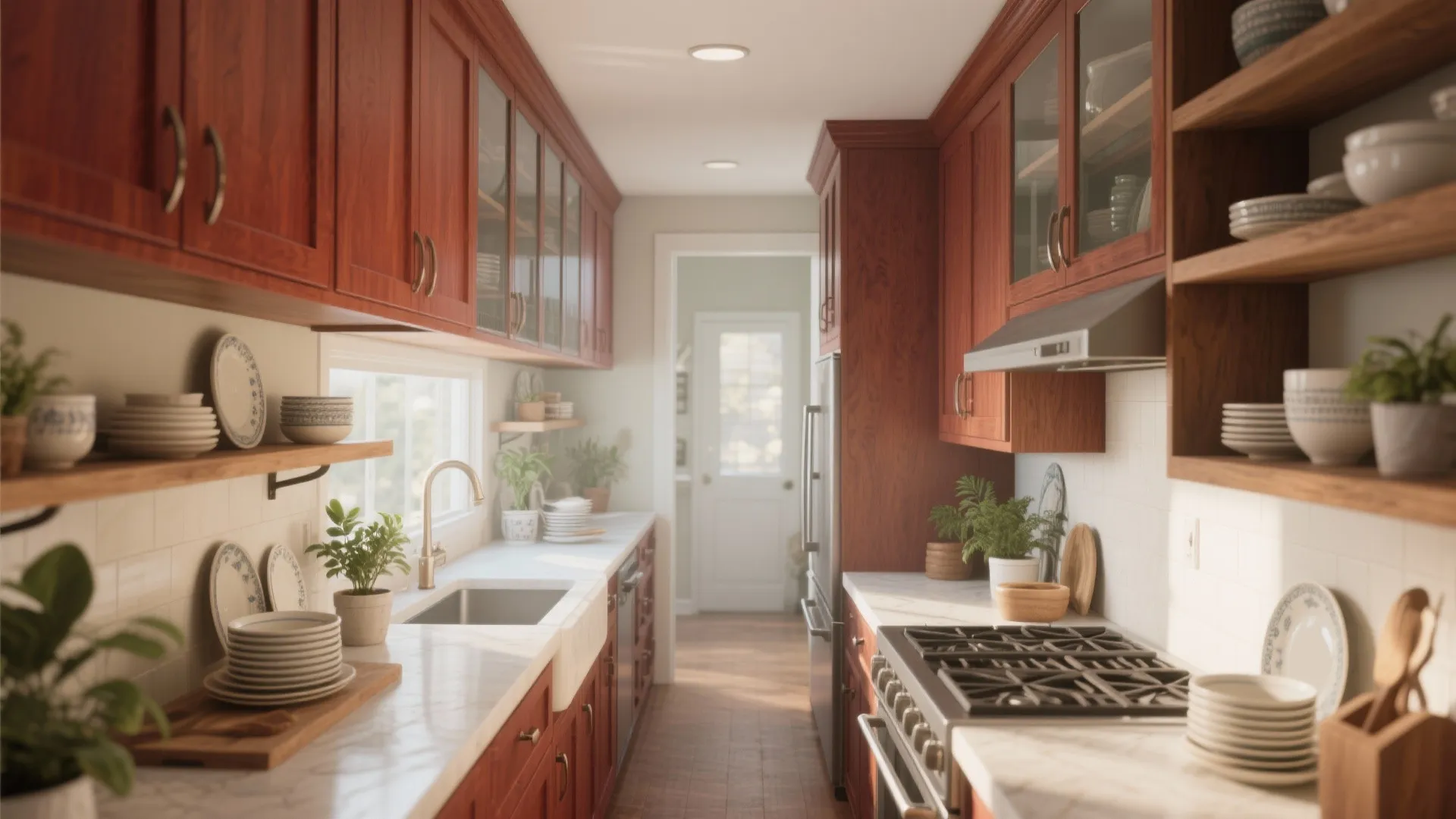 Narrow kitchen with wood cabinets white countertops open shelves plants and plates in bright light
