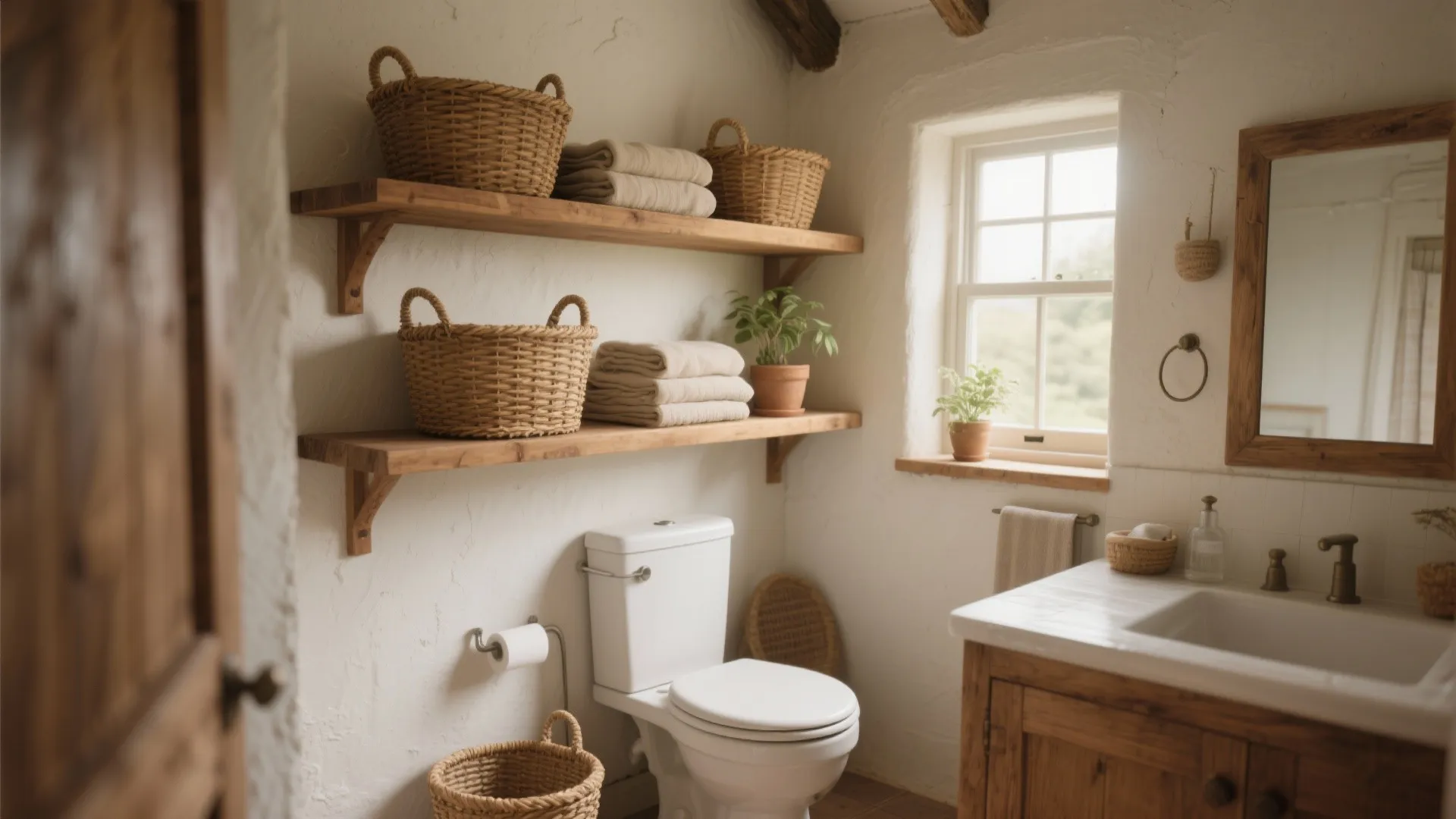 3. Open shelving with woven baskets
