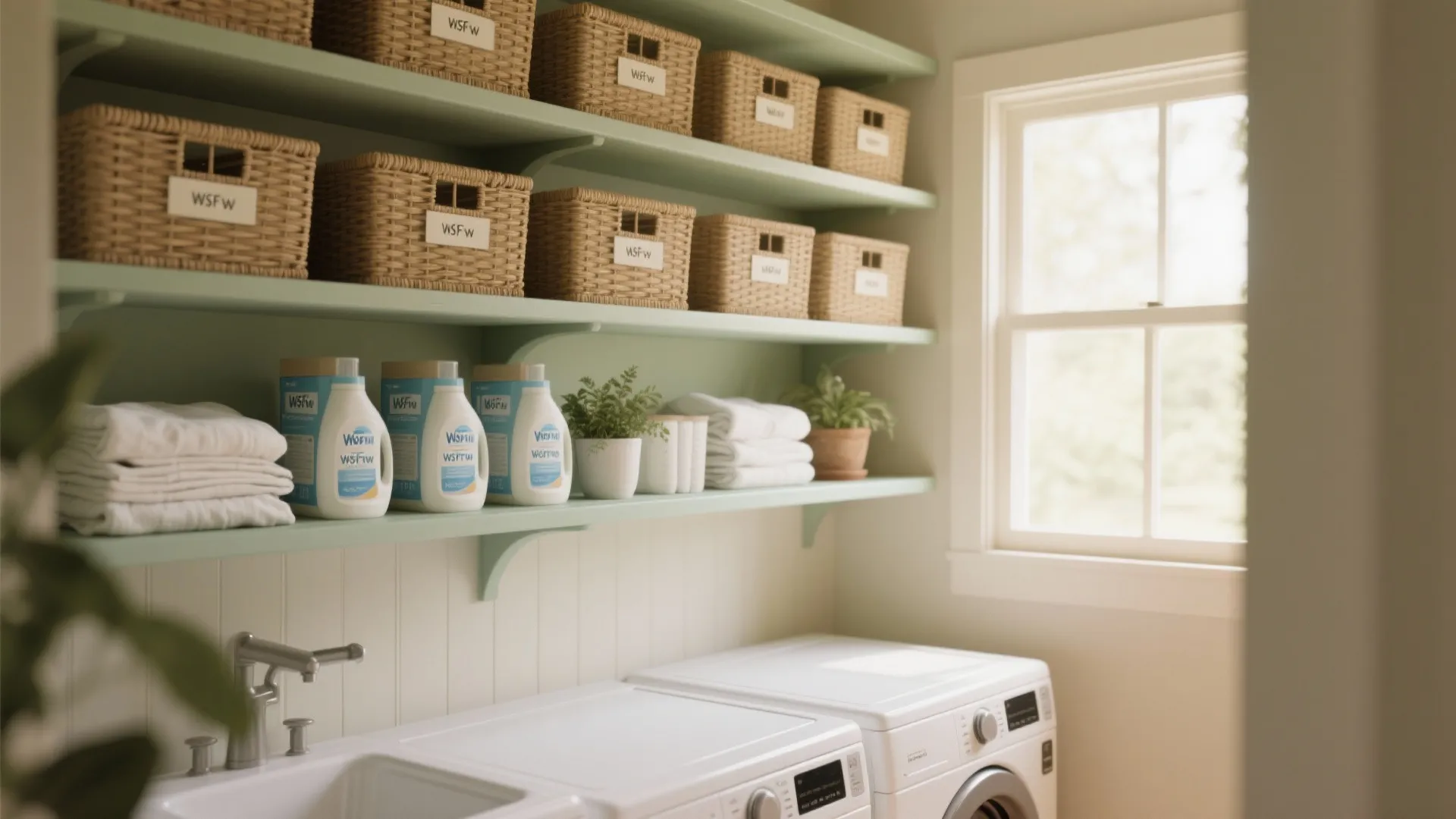 Overhead open shelves in a laundry room with uniform labeled woven baskets hiding clutter and adding texture.
