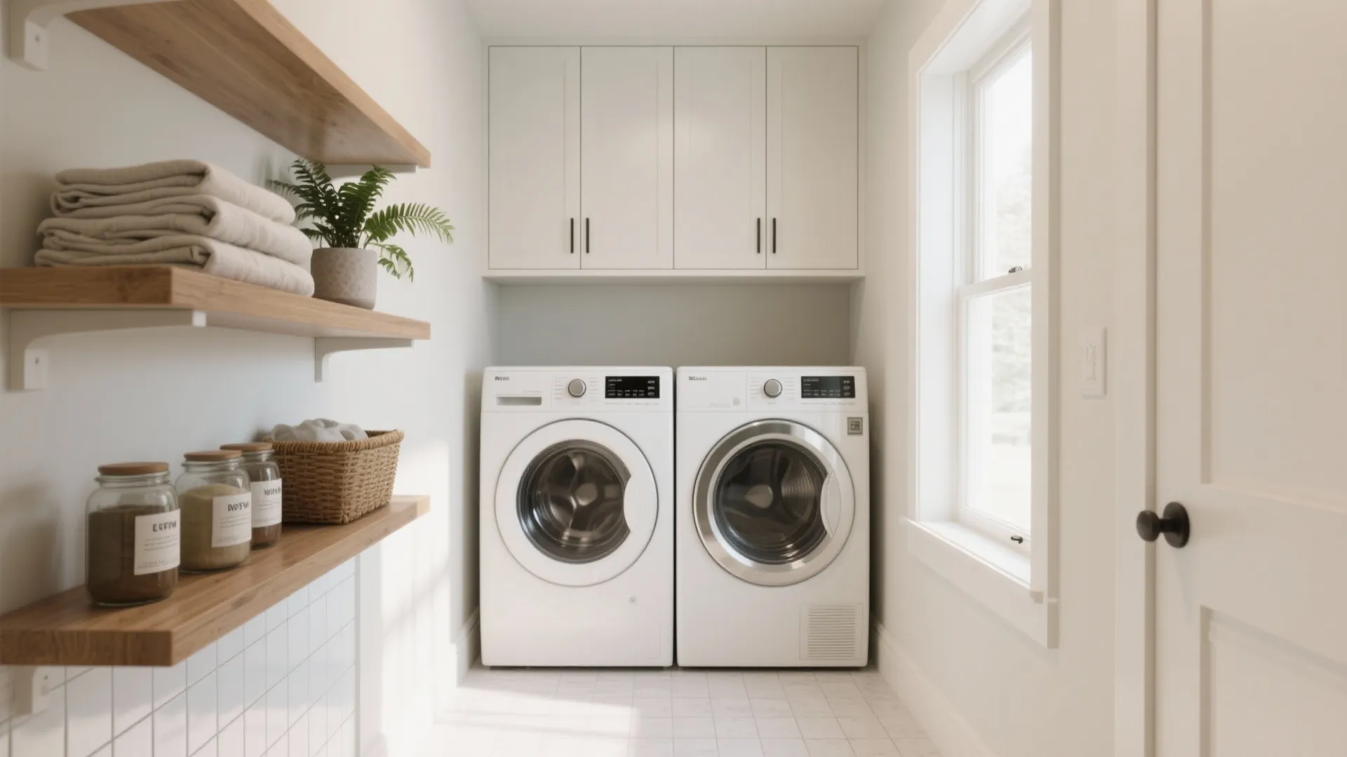 Bright laundry room with white washing machines wood wall shelves white cabinets and a side window
