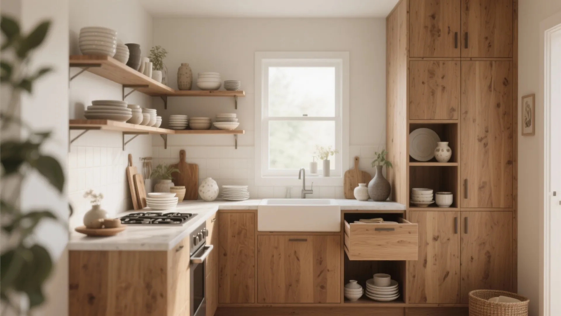Kitchen with wooden cabinets and open shelves holding white bowls near a window and sink