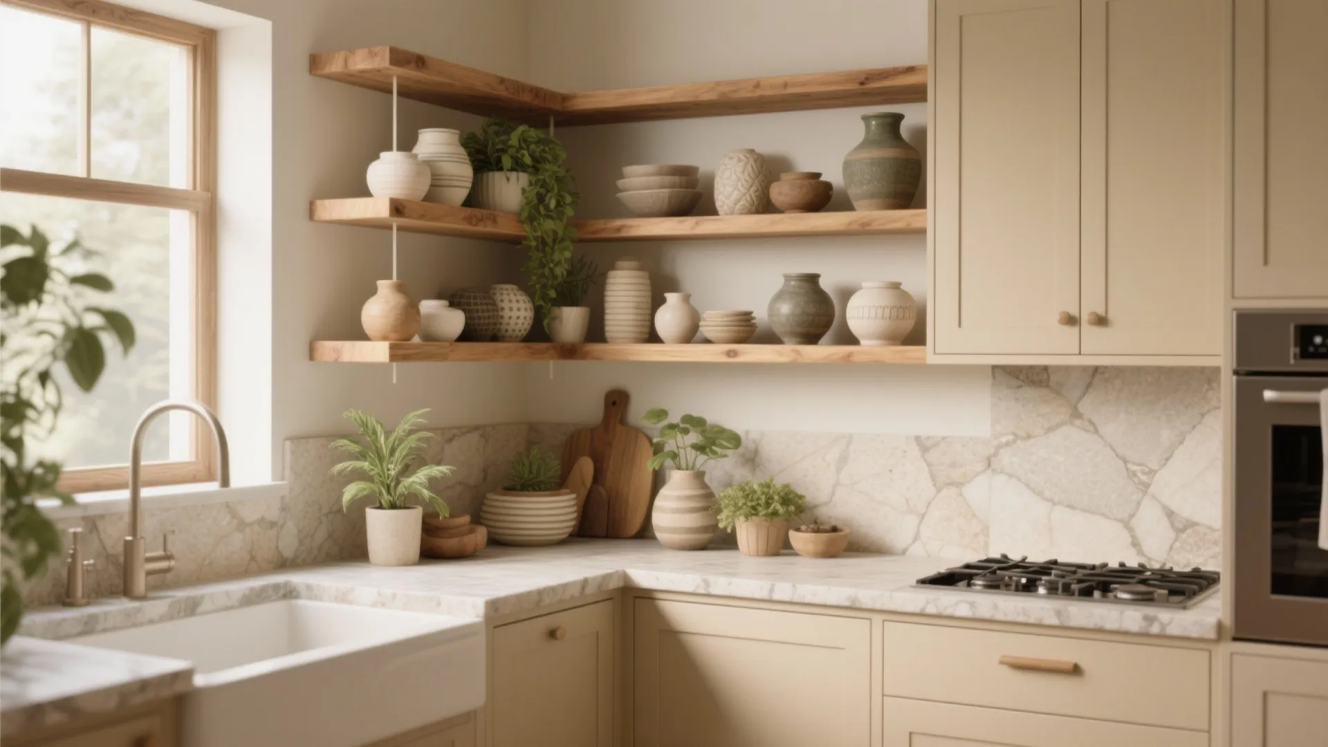 Kitchen corner with open wooden shelves ceramic vases marble countertop beige cabinets sink and plants