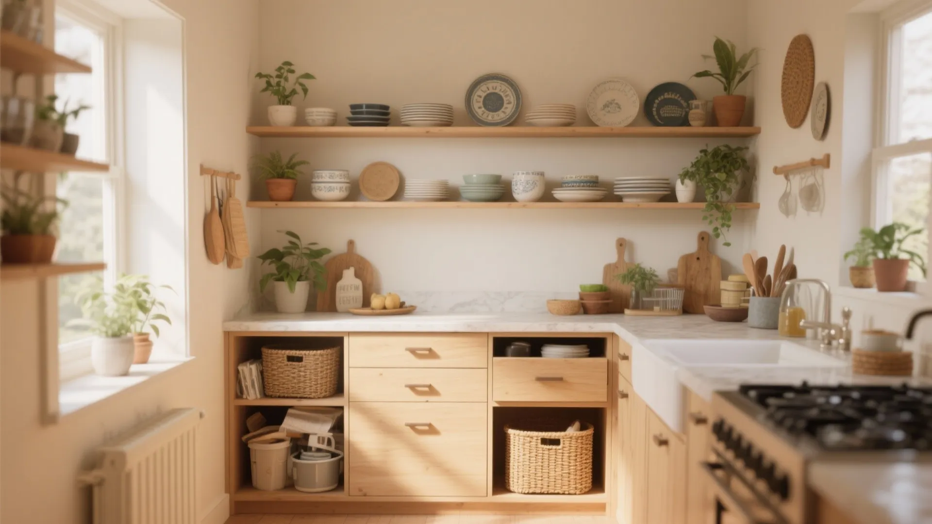 3. Open shelving and strategic storage