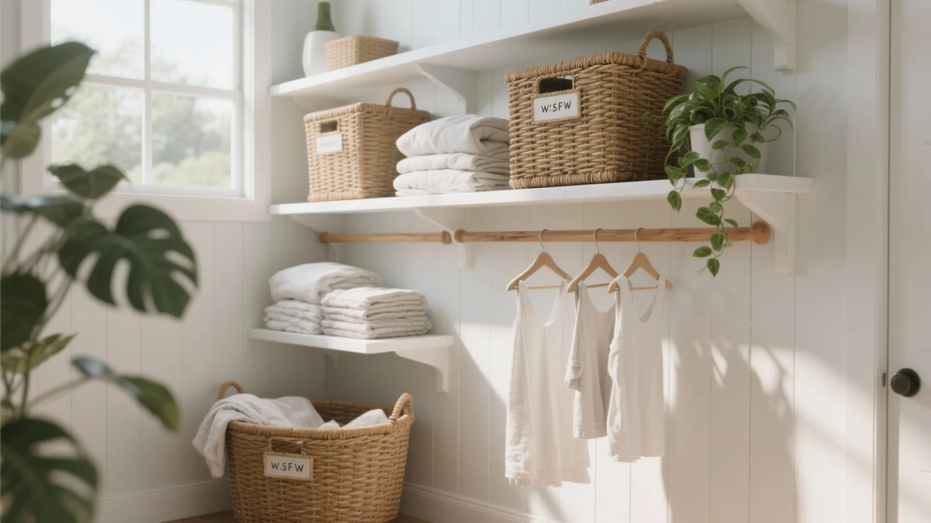 Bright laundry room with white wall shelves woven baskets hanging clothes and a large window