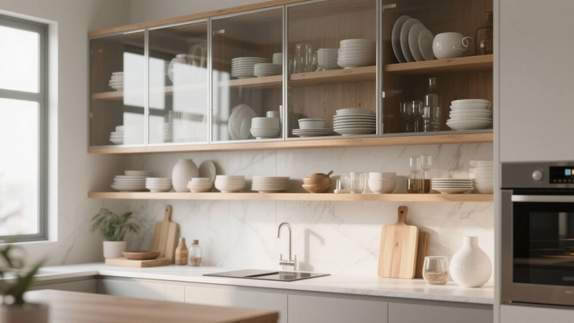 3. Add Open Shelving and Glass Inserts