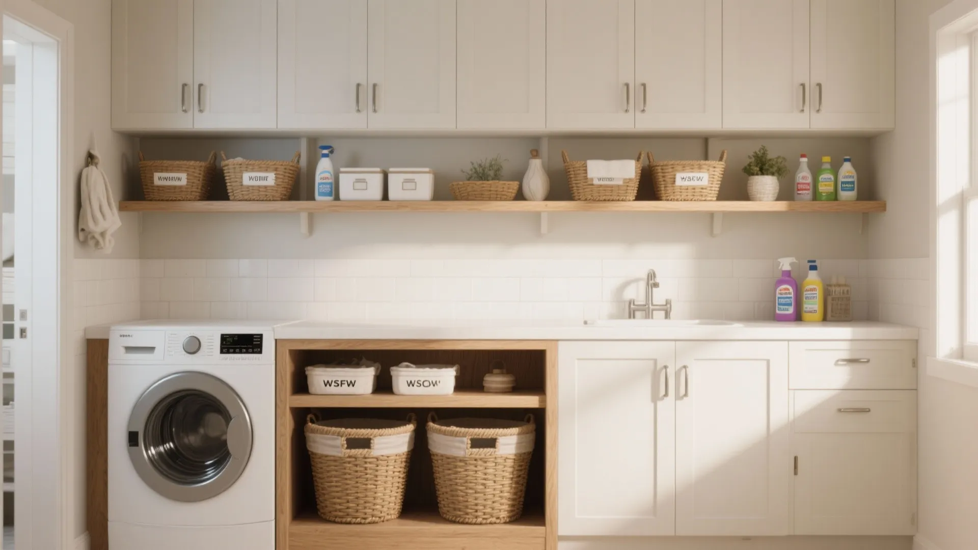Functional laundry room with washing machine white cabinets wooden open shelves and woven storage baskets