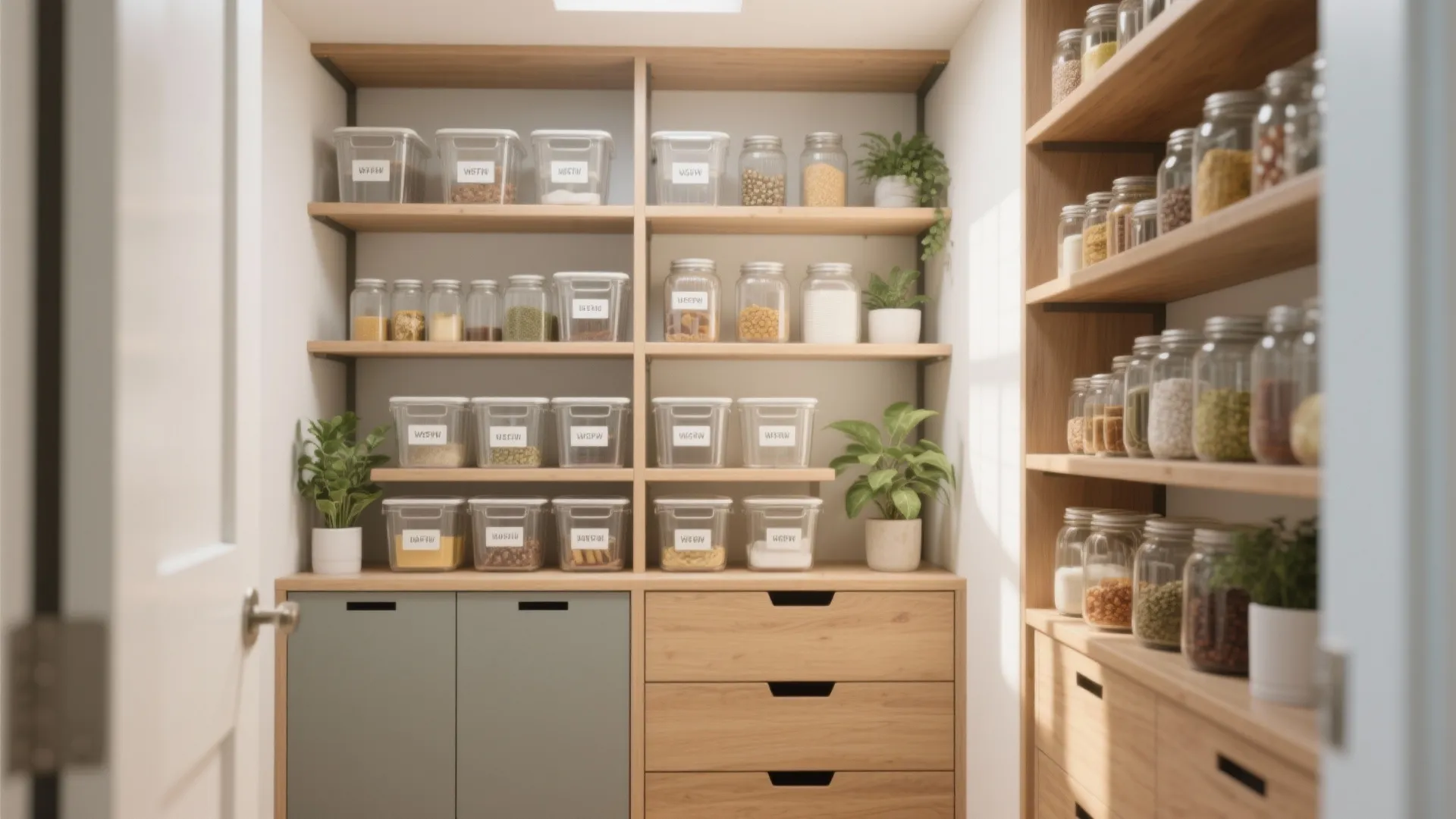 Organized pantry with wooden open shelves holding glass storage jars and small green potted plants
