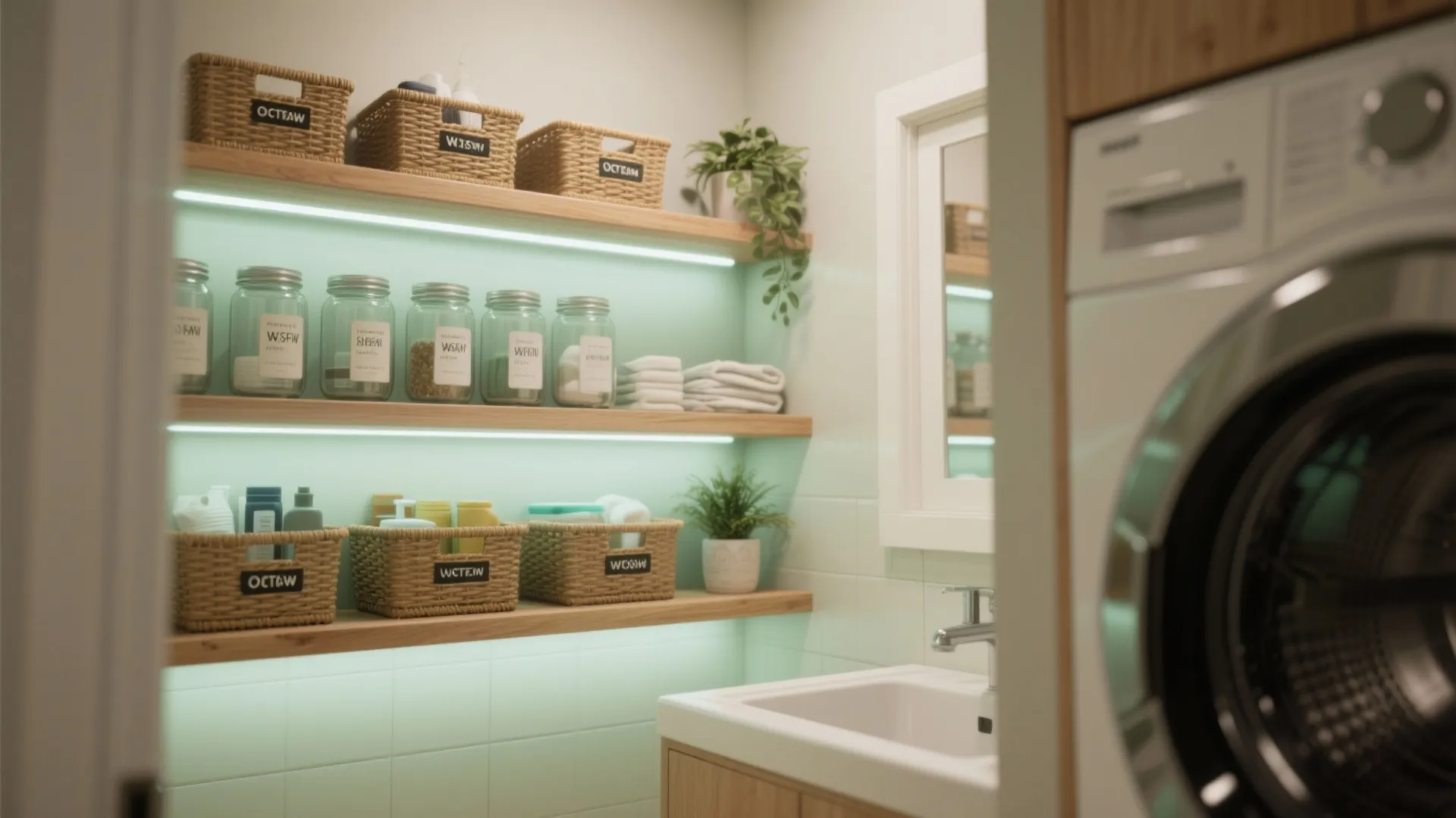 Modern laundry room storage with wooden shelves baskets glass jars green plants and bright lighting
