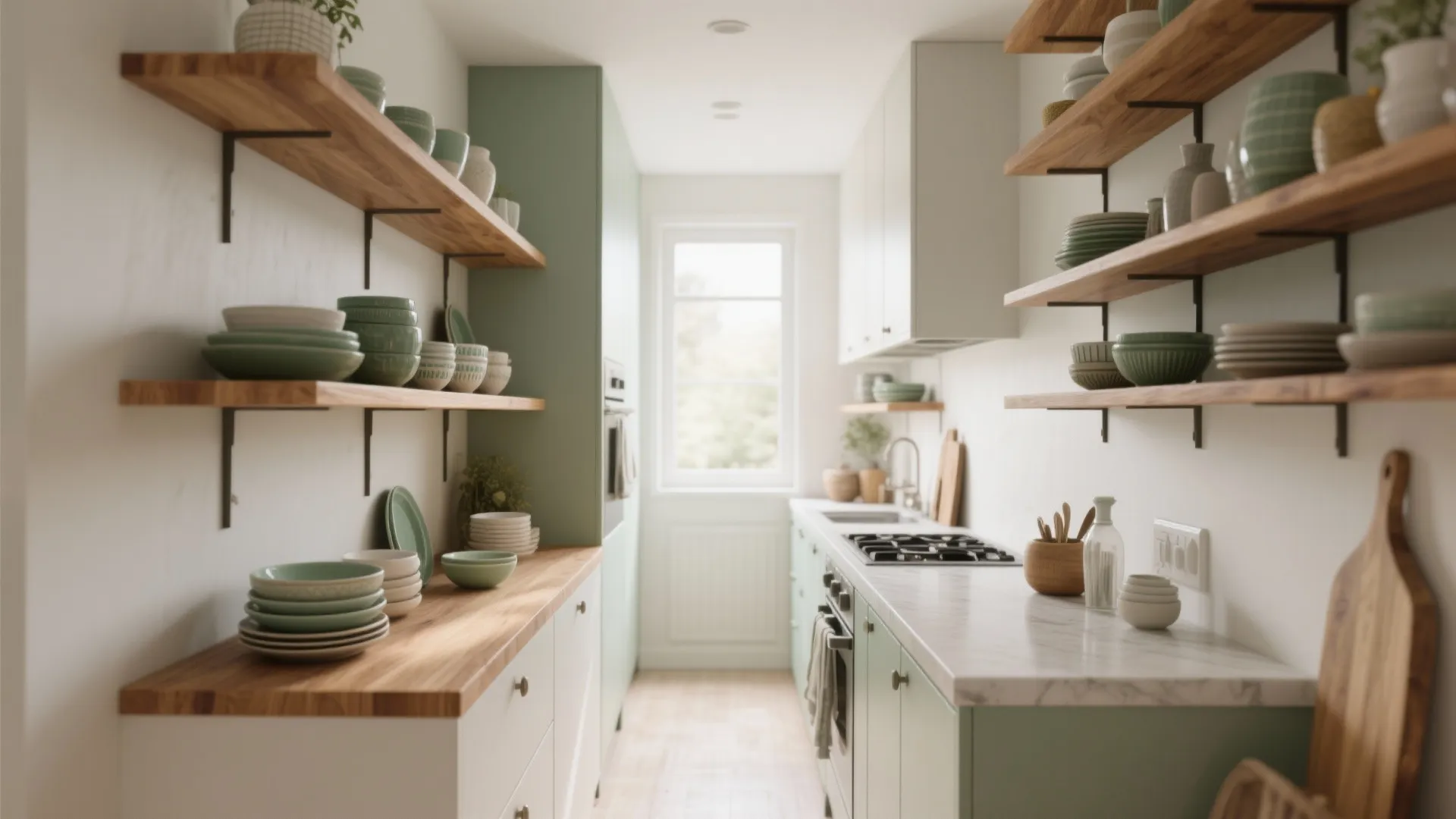 Small kitchen layout featuring wooden open shelves with green bowls and white cabinets under natural light