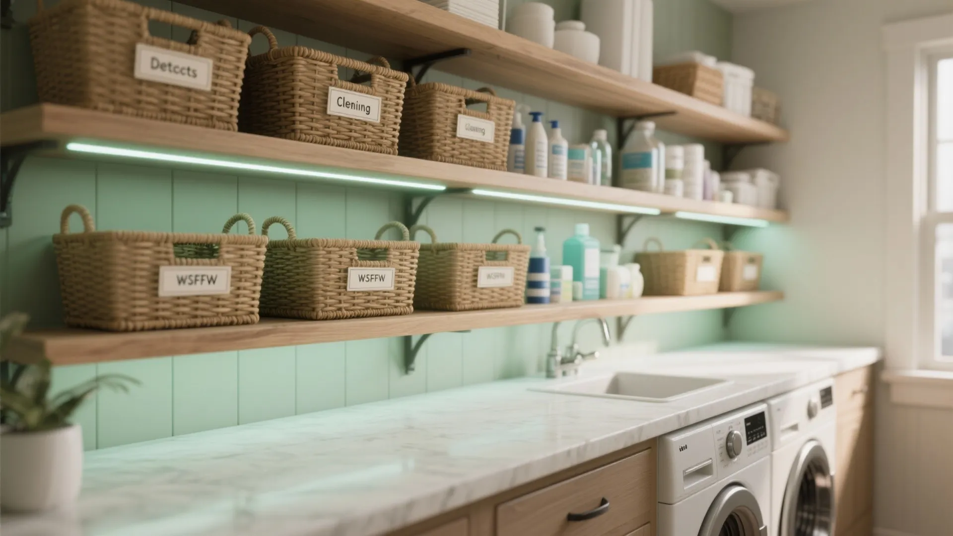 5. Open shelving with baskets and labeled zones