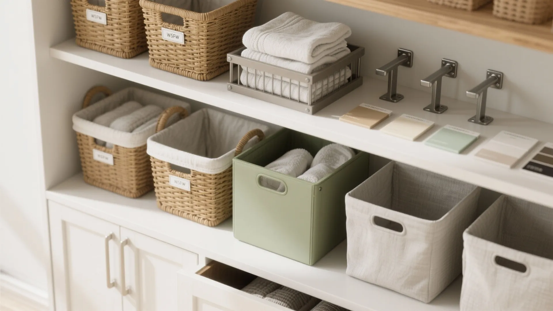 White open shelving with wicker baskets, fabric storage boxes, folded towels and small color swatches