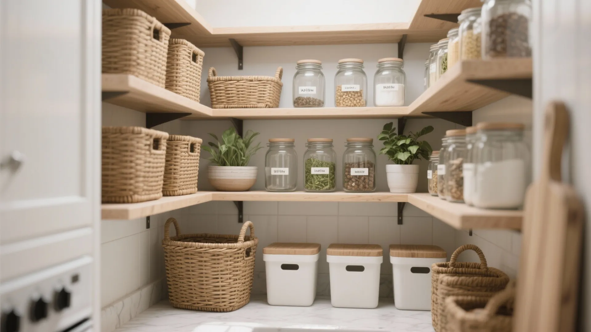 Open shelving in a small kitchen with woven baskets and labeled glass jars for an airy, organized pantry solution.