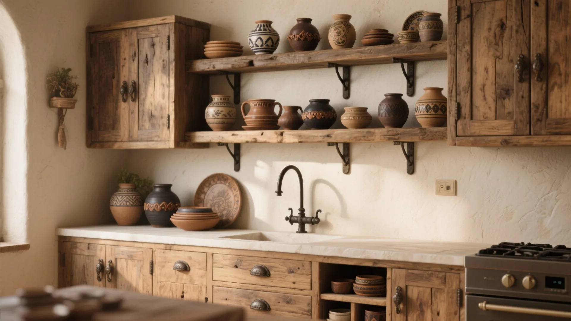 2. Open shelving, rustic wood, and leather accents