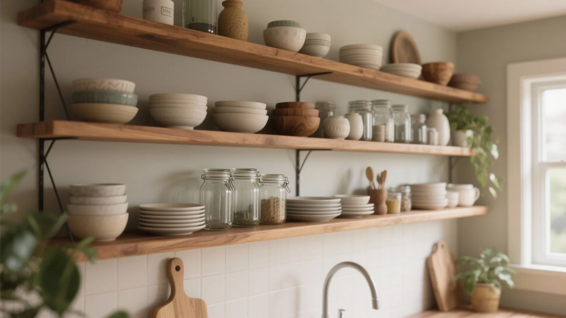 Three long wooden wall shelves holding ceramic bowls glass jars and plates in organized kitchen