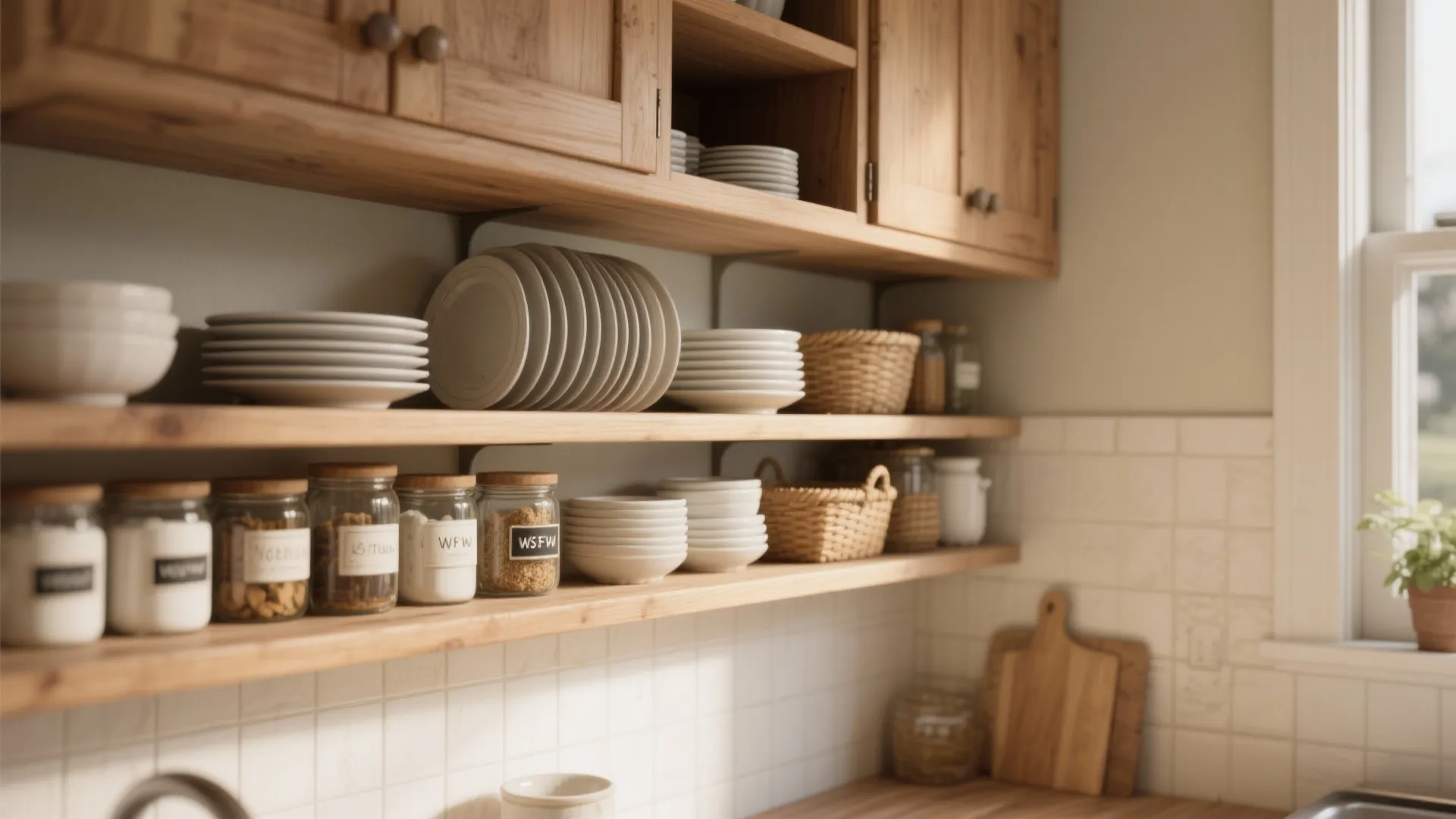 Wooden open shelves in a kitchen holding white plates bowls glass jars and small woven baskets
