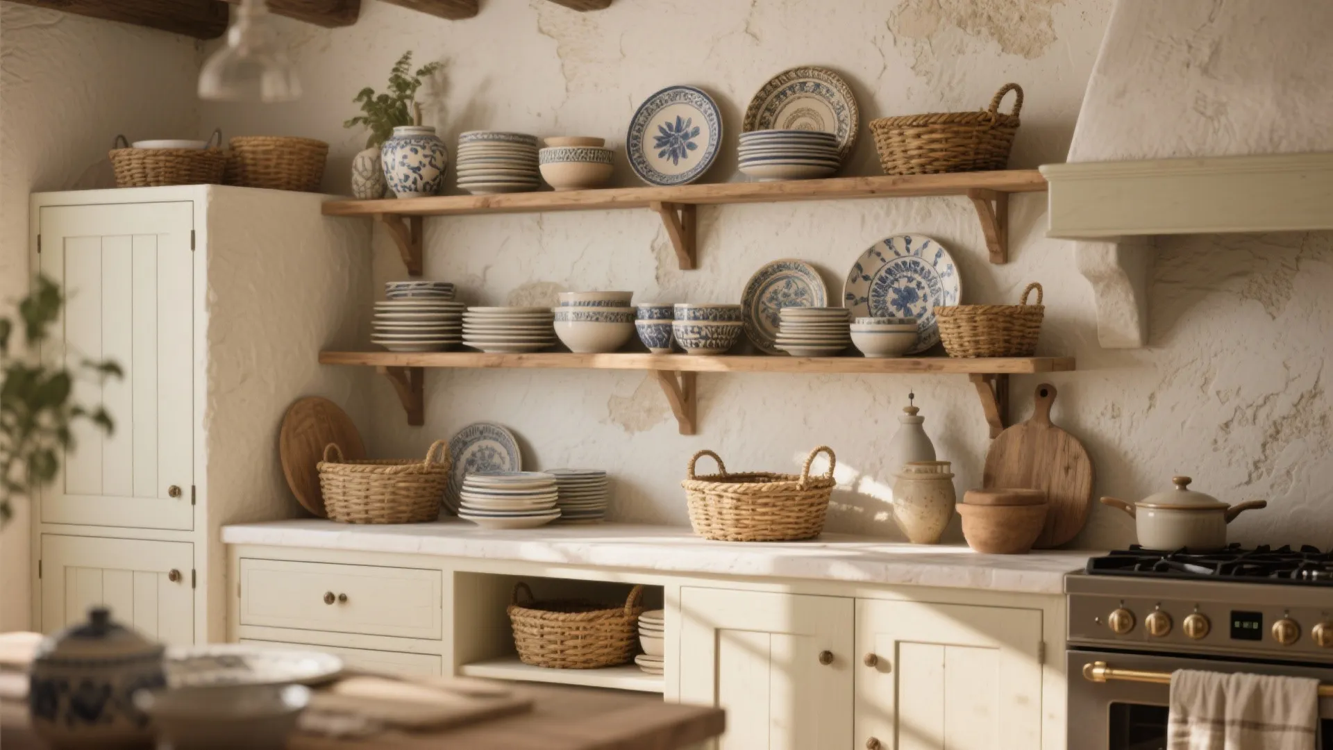3. Open shelving, pottery displays and tactile textures