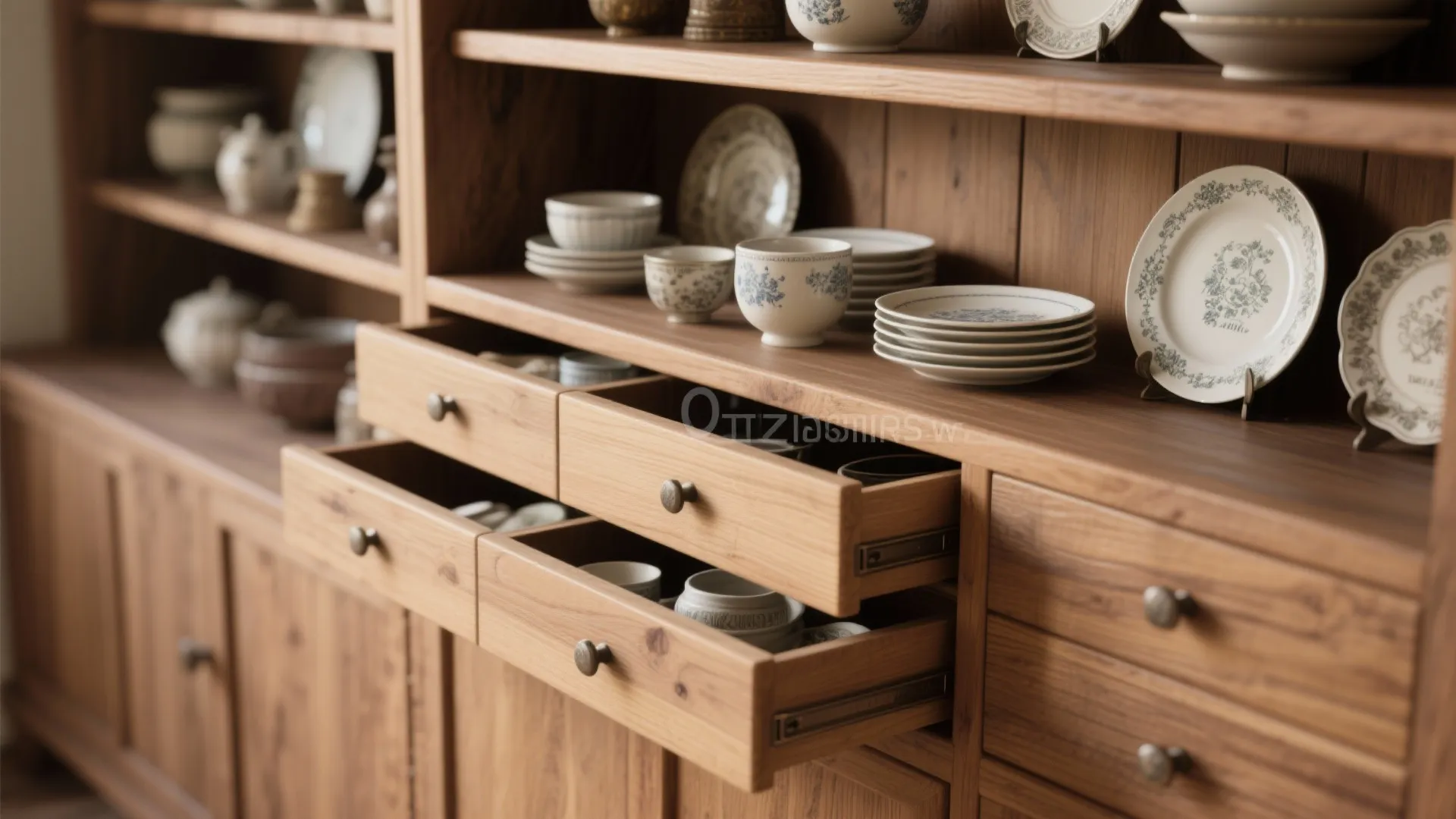3. Open Shelves + Hidden Drawers for Rustic Storage