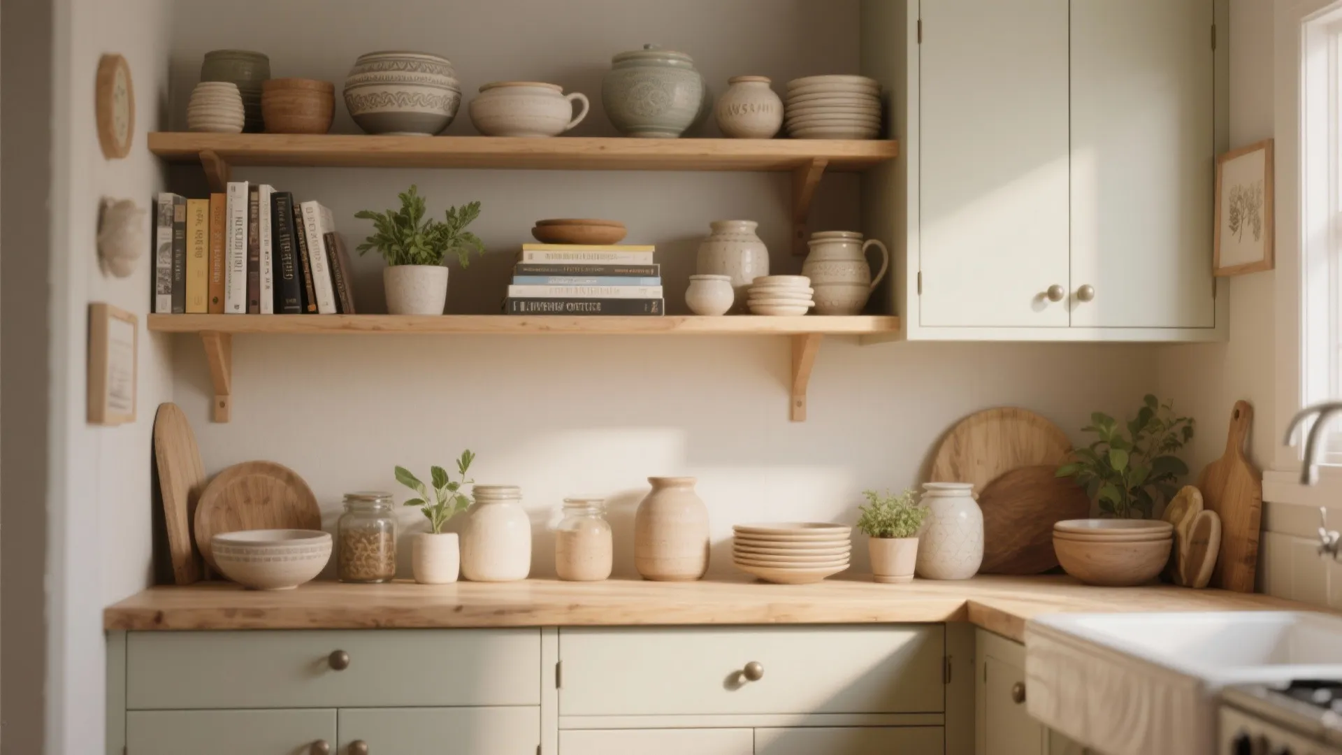 Kitchen open wooden shelves holding ceramic bowls books and small plants above a light counter