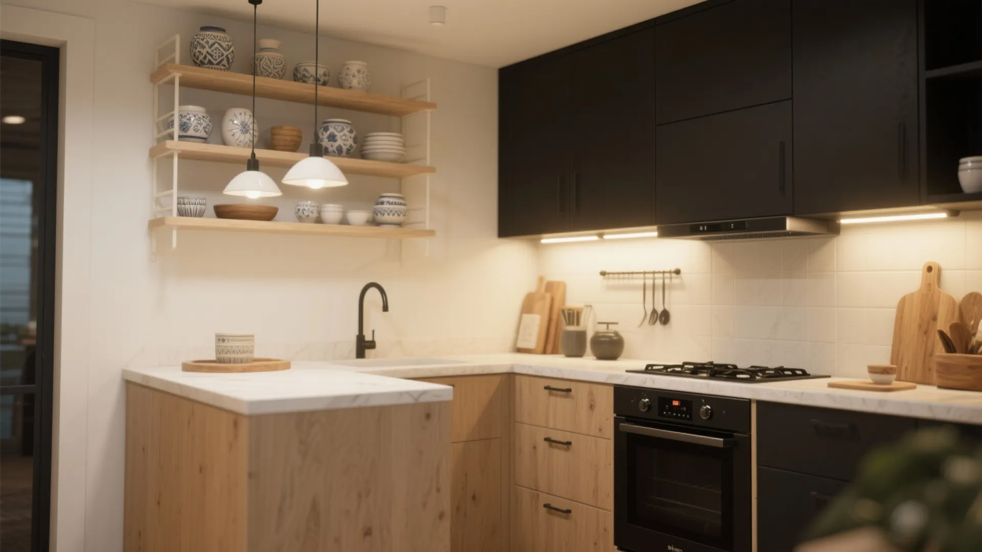 4. Open Shelving and Lighting to Balance Weight