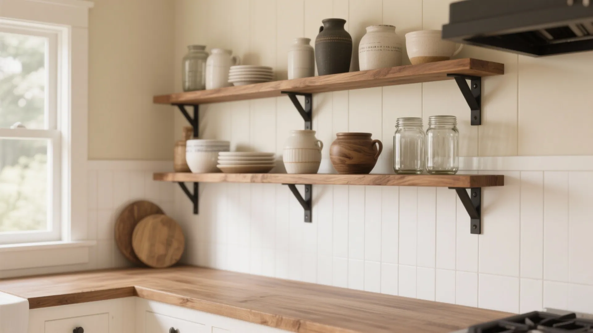 1. Open shelving with warm wood and beadboard