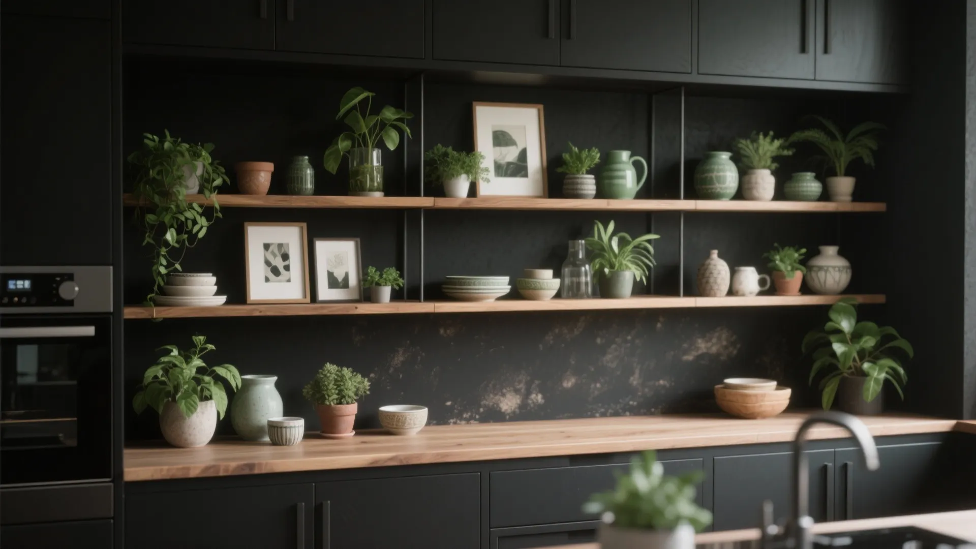 5. Greenery, open shelving and small art