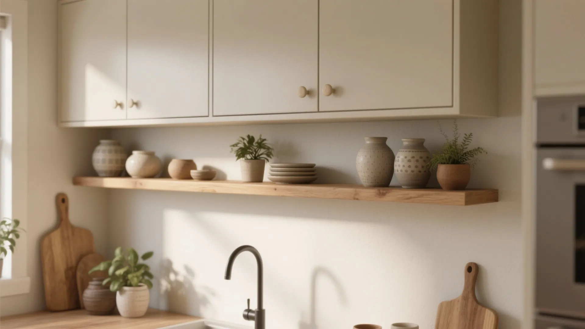 Kitchen wall with cream cabinets wooden shelf holding ceramic jars plates and small green plants