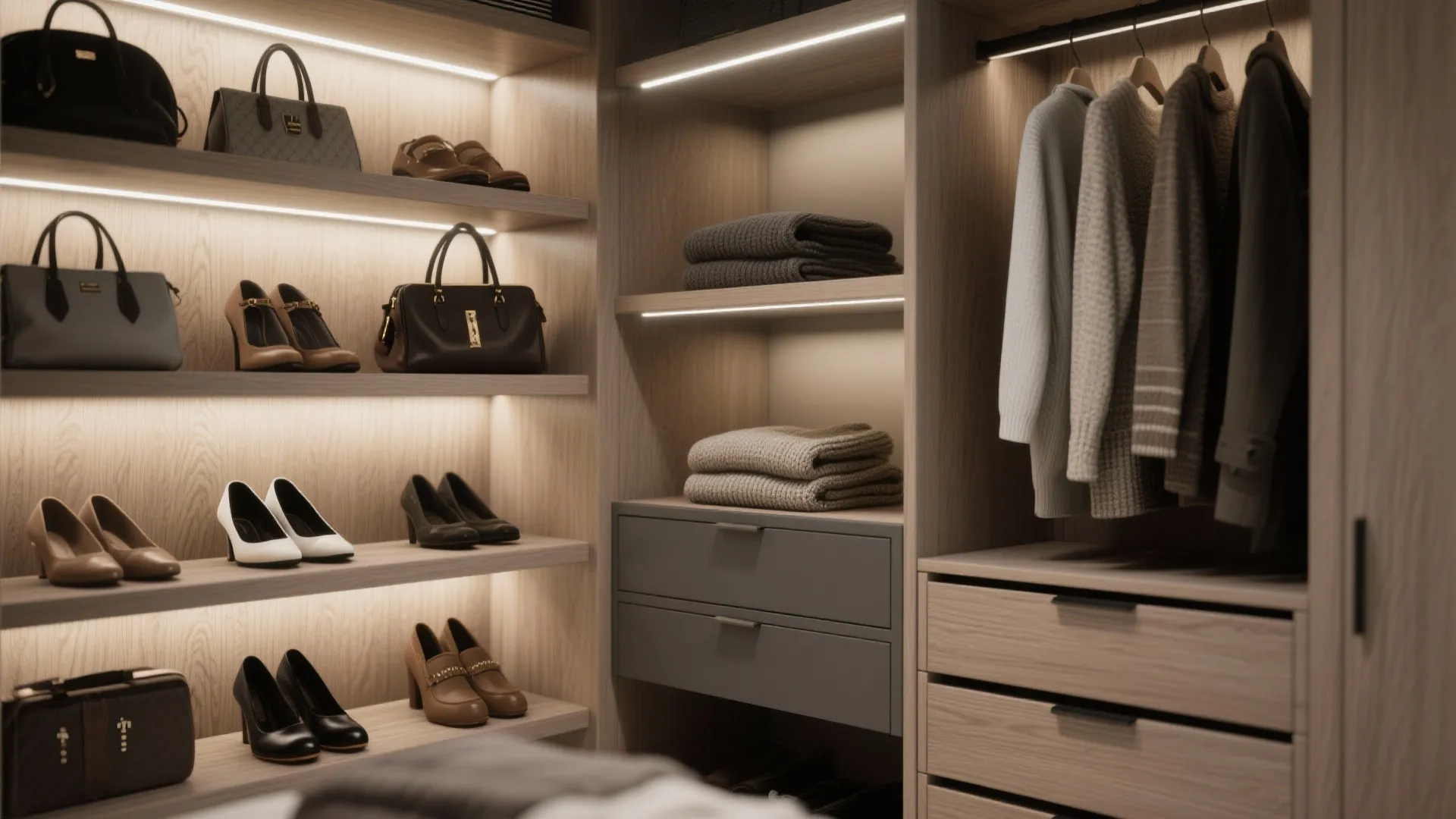 Modern walk in closet with light fixture shelves for shoes bags and hanging clothes storage