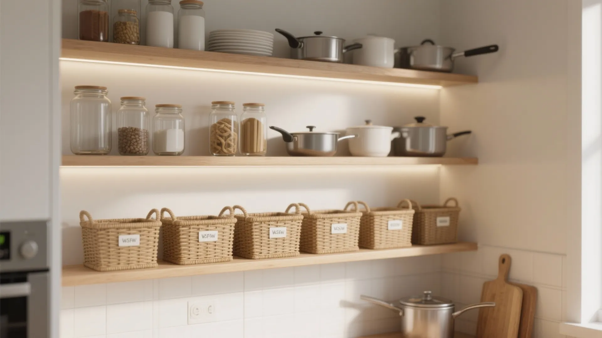 3. Open shelving with labeled baskets