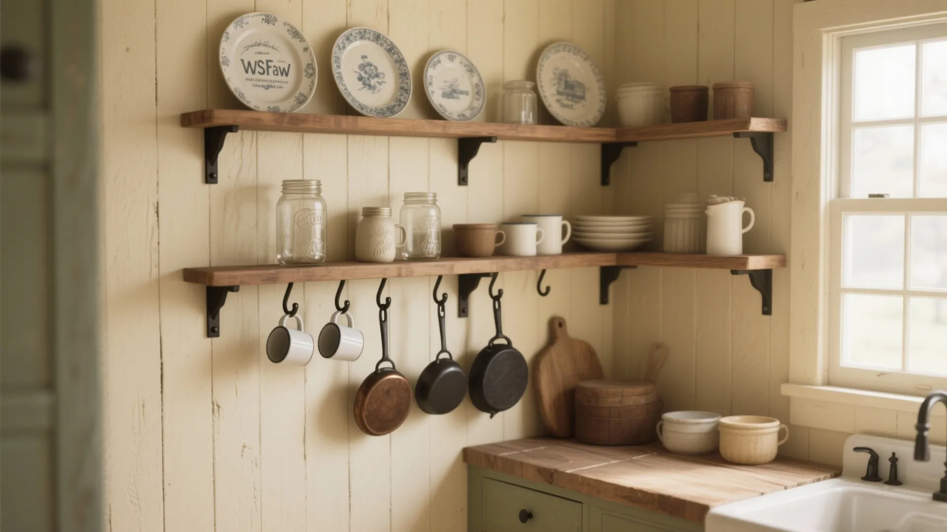 1. Use open shelving and a peg rail to add character