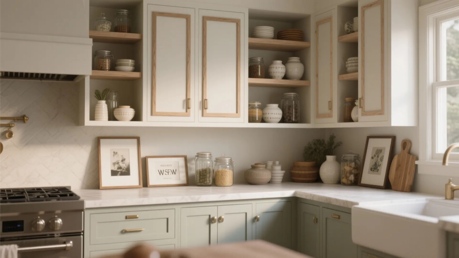 Kitchen with white cabinets open wood shelves glass jars and light green lower storage units.
