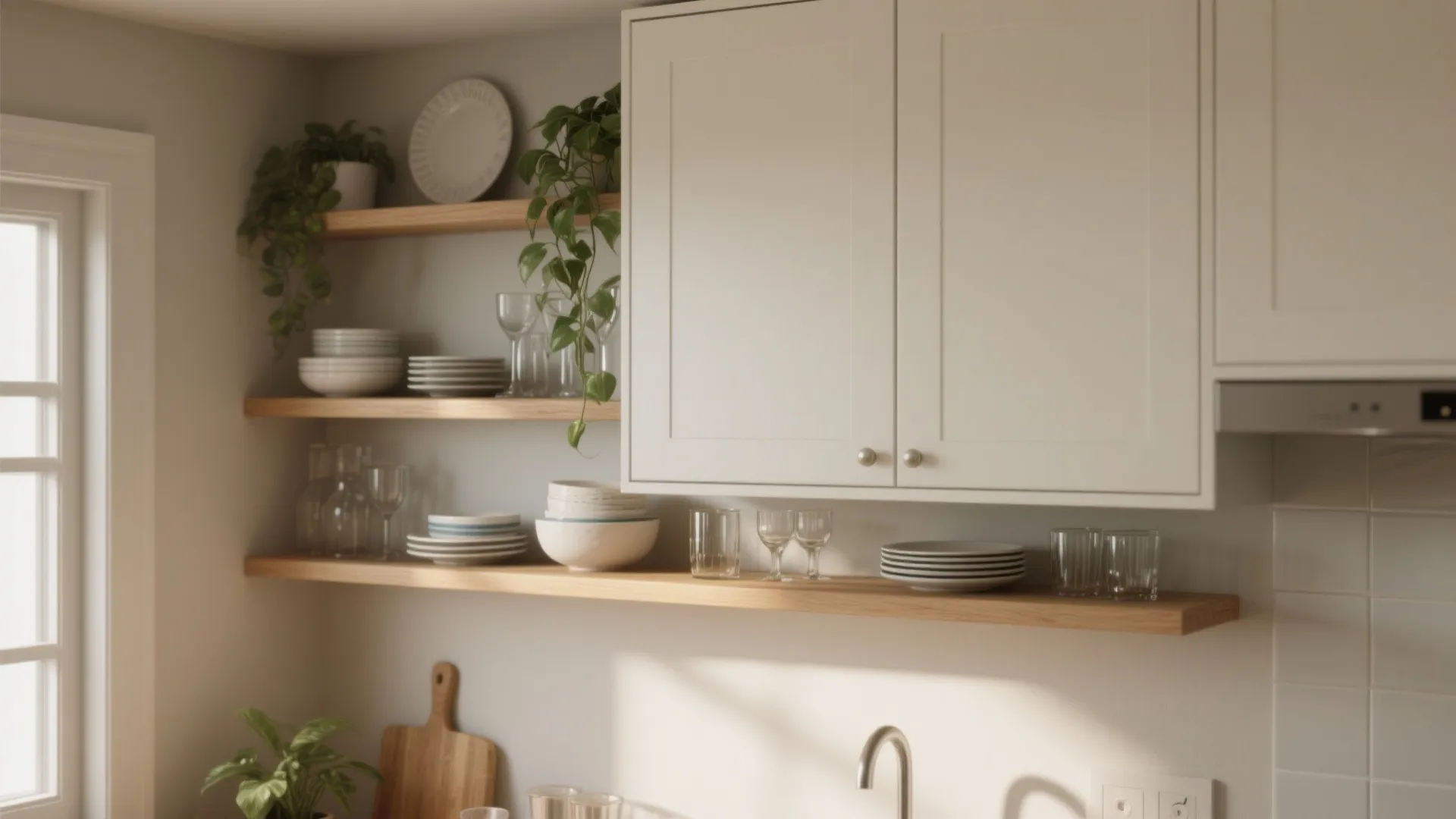 Kitchen wall with open wood shelves holding white plates bowls glasses and green hanging plants